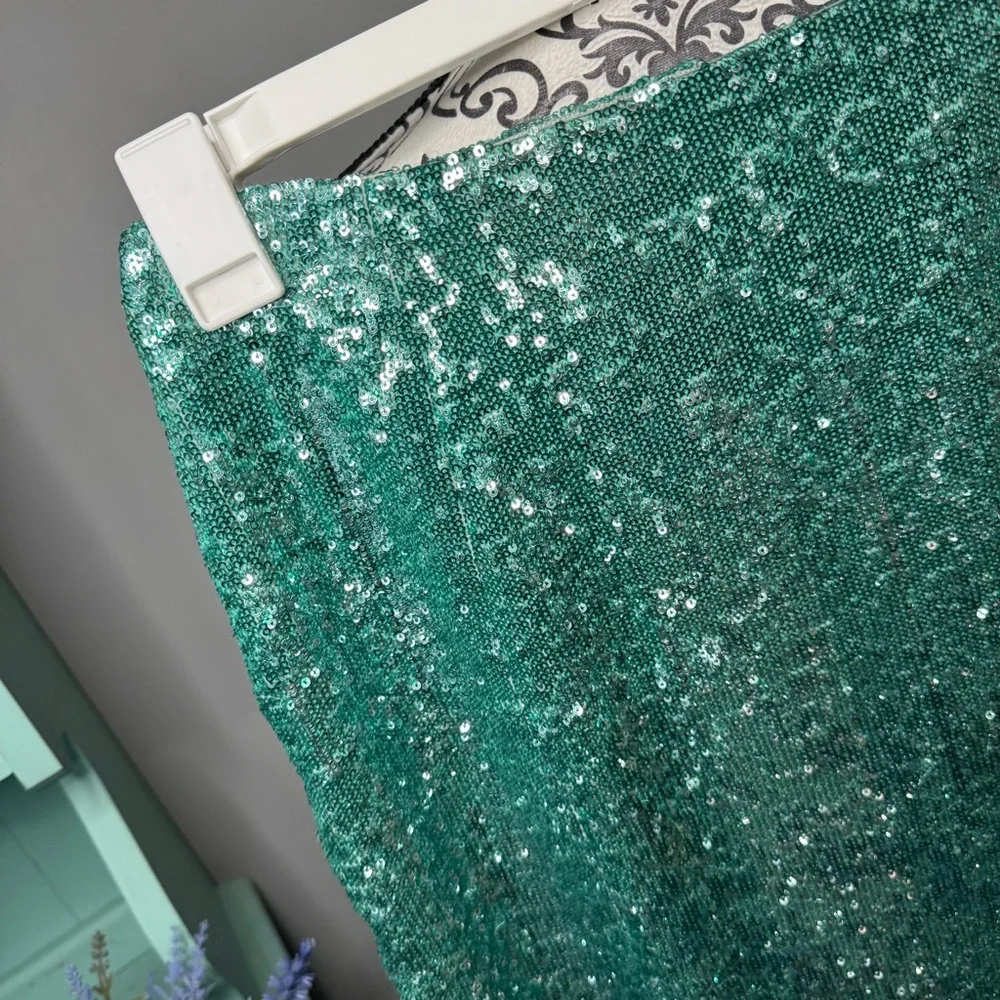 Top Shop Sequin Midi Skirt Size 6 NWT Turquoise Aqua Cocktail Party Boho Glam - Picture 4 of 13